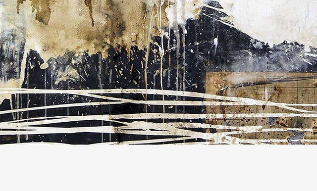 Expressive Malerei in einem abstrakten Gemälde mit dunklen Farben und weißen Linien.