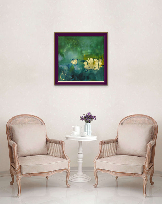 Lerne im geistreich Online-Kurs mit Annette Lehrmann Blaugrünes Bild mit Goldeffekt kennen