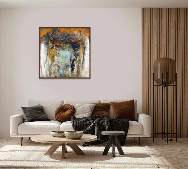 Wandbild in warmen Blau- und Ockertönen aus dem Kurs Fluss strukturierter Farbintensität – Himalaya