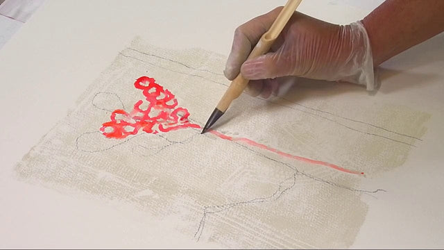 Lerne im geistreich Online-Kurs mit Karin Christoph Poetische Serie in Druck- und Mischtechnik kennen