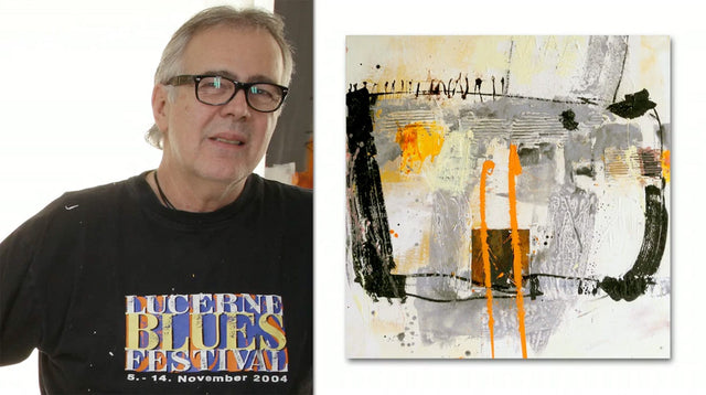 Lerne im geistreich Online-Kurs mit Robert Süess Eisenplatte, Stoffe, Pappe als Collage-Elemente kennen