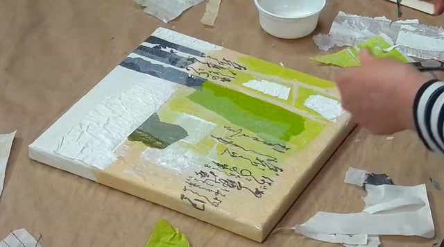 Lerne im geistreich Online-Kurs mit Cordula Kagemann Collage in grün mit Seidenpapier und Acryl kennen
