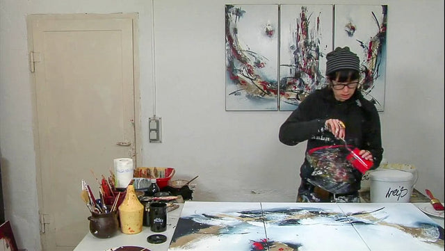 Lerne im geistreich Online-Kurs mit Friederike Meintke Acryl-Abstrakt mit Collage - Triptychon kennen