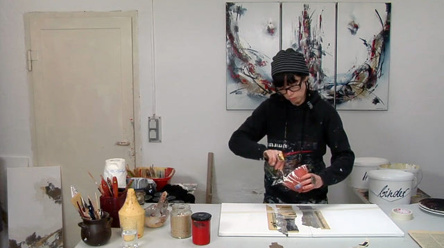 Lerne im geistreich Online-Kurs mit Friederike Meintke Acryl-Abstrakt mit Struktur & Collage als Diptychon kennen